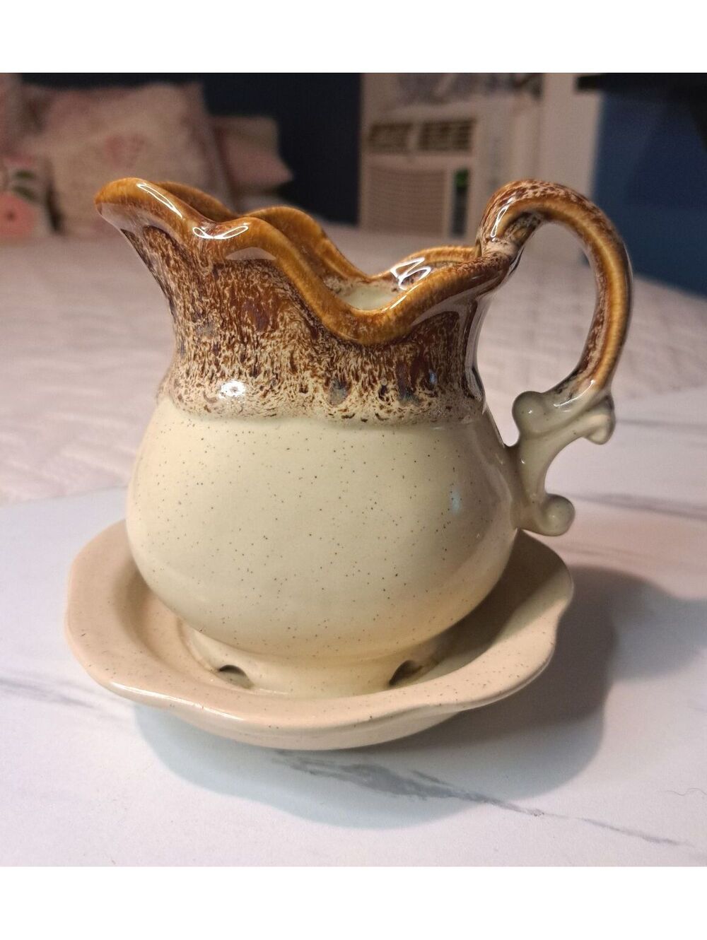 Vintage Two-Tone Drip Glaze Brown and Tan Ceramic Pitcher Planter Made in Korea